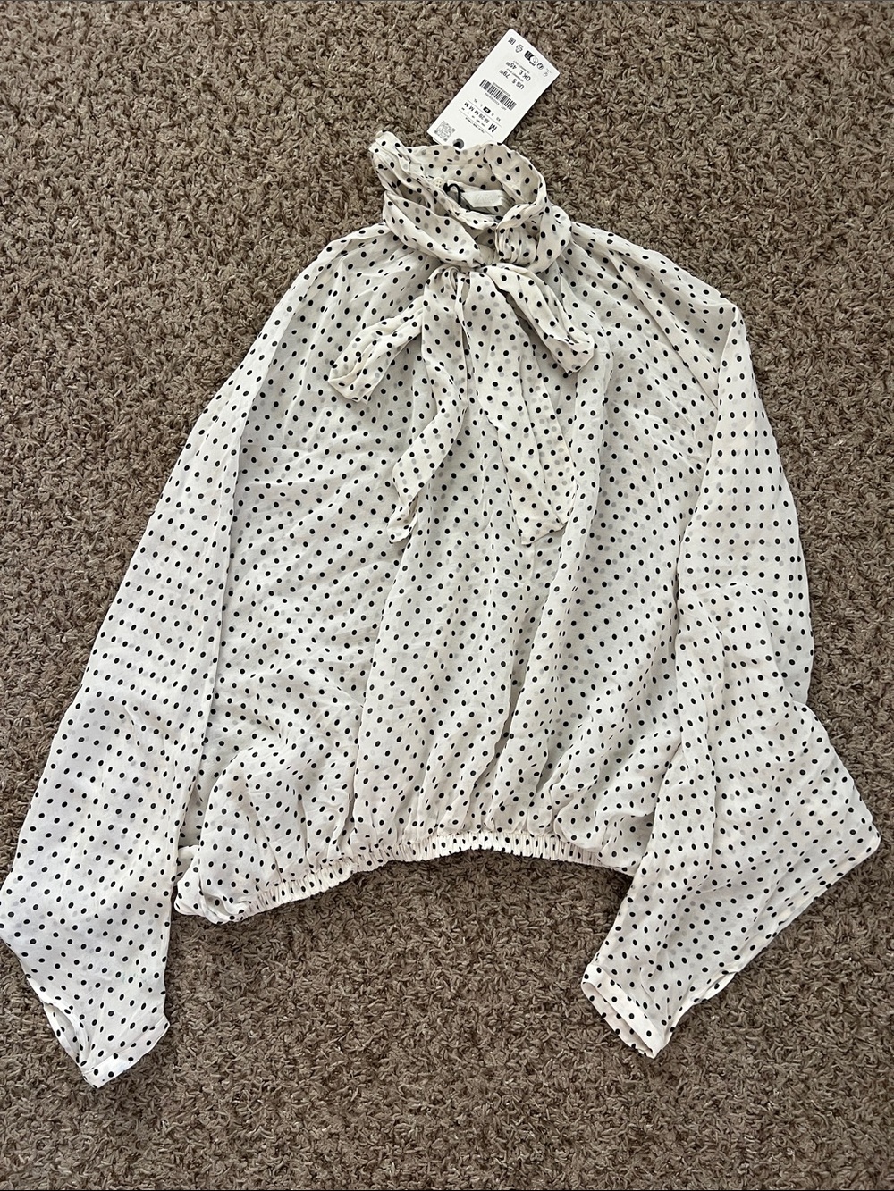NWT Zara Womens high neck bow polka dot blouse size medium